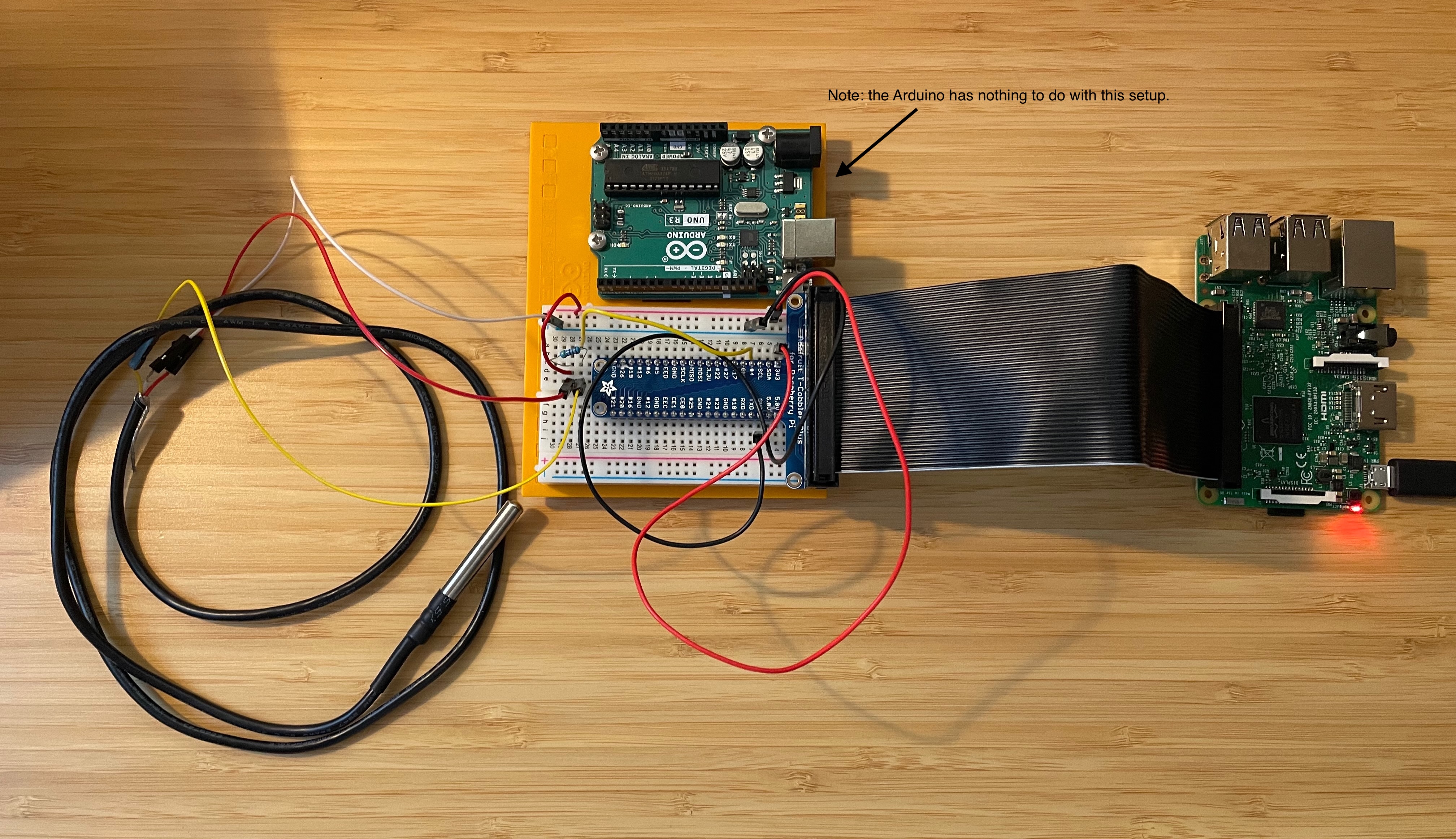 A photograph of the circuit showing the temperature sensor connected to the Raspberry Pi.